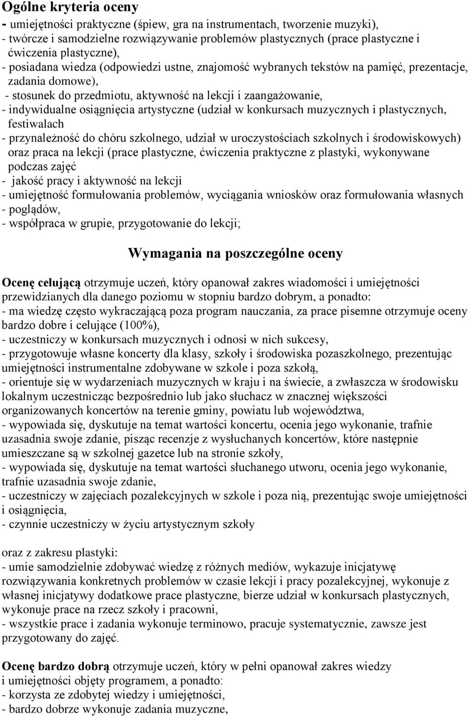 osiągnięcia artystyczne (udział w konkursach muzycznych i plastycznych, festiwalach - przynależność do chóru szkolnego, udział w uroczystościach szkolnych i środowiskowych) oraz praca na lekcji