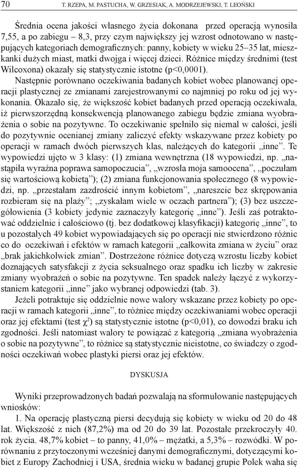 kobiety w wieku 25 35 lat, mieszkanki dużych miast, matki dwojga i więcej dzieci. Różnice między średnimi (test Wilcoxona) okazały się statystycznie istotne (p<0,0001).