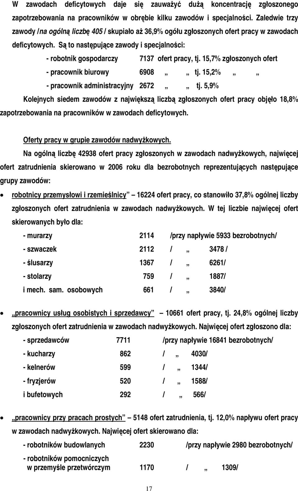 Są to następujące zawody i specjalności: - robotnik gospodarczy 7137 ofert pracy, tj. 15,7% zgłoszonych ofert - pracownik biurowy 6908 tj. 15,2% - pracownik administracyjny 2672 tj.