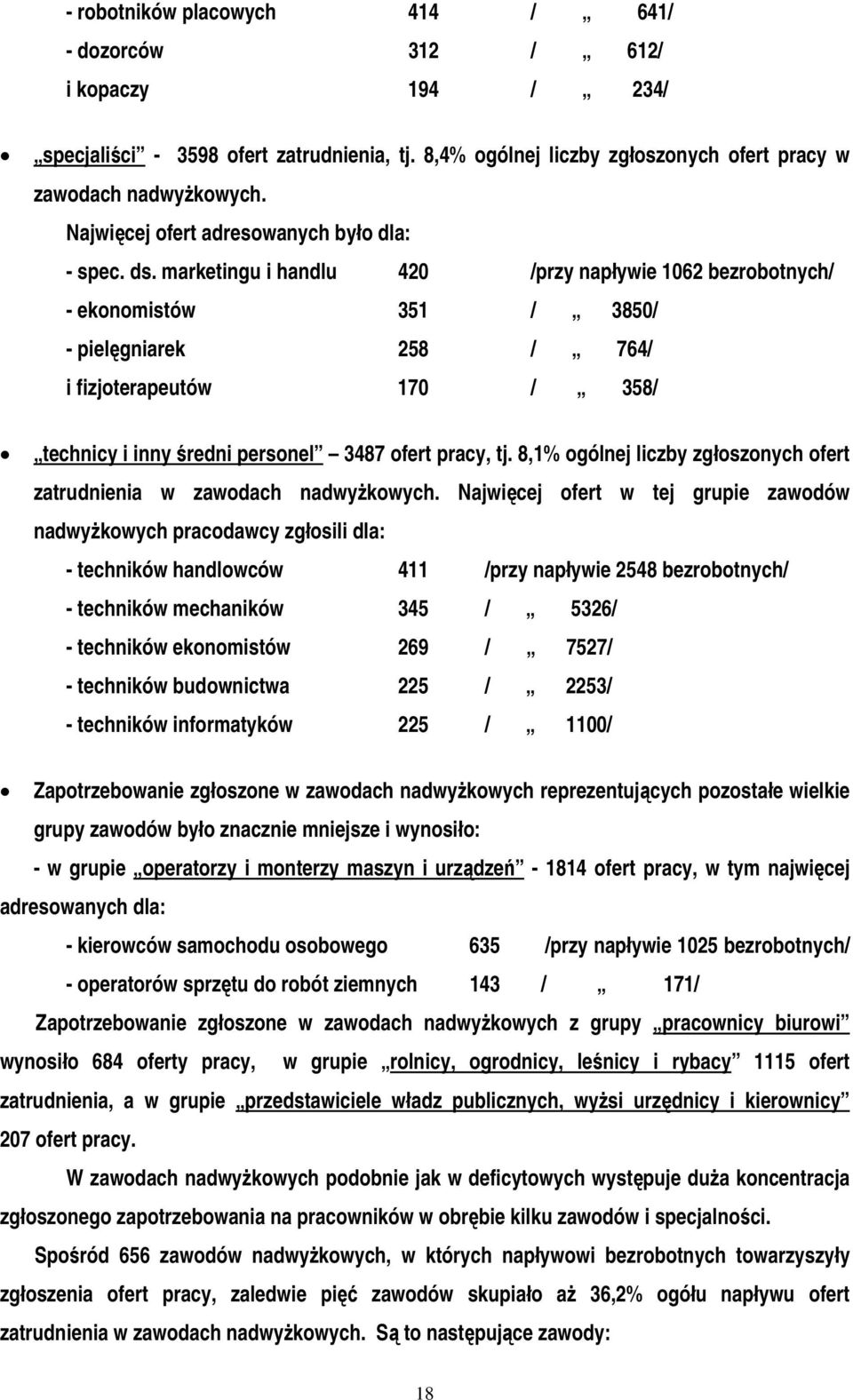 marketingu i handlu 420 /przy napływie 1062 bezrobotnych/ - ekonomistów 351 / 3850/ - pielęgniarek 258 / 764/ i fizjoterapeutów 170 / 358/ technicy i inny średni personel 3487 ofert pracy, tj.