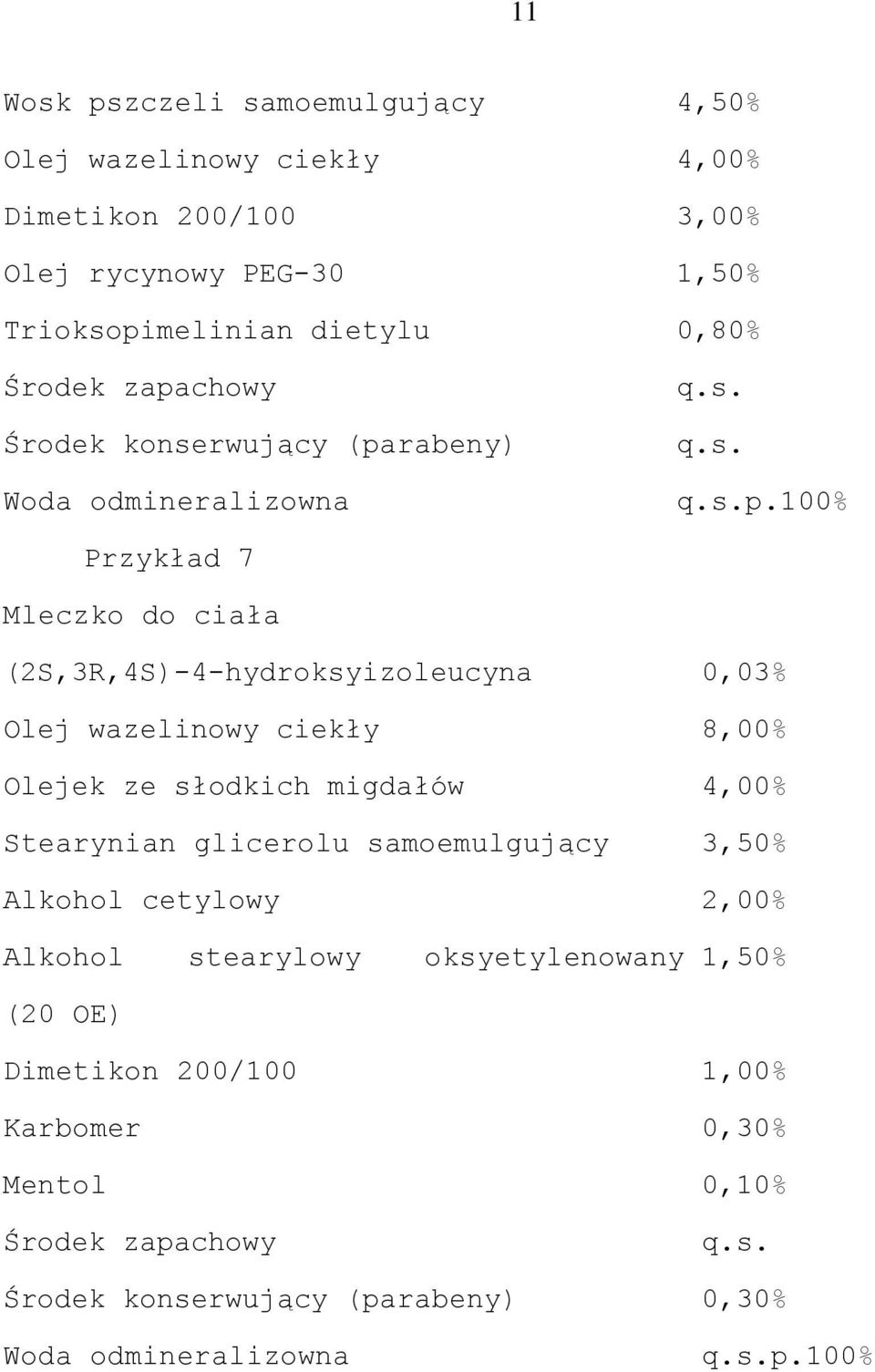 100% Przykład 7 Mleczko do ciała (2S,3R,4S)-4-hydroksyizoleucyna 0,03% Olej wazelinowy ciekły 8,00% Olejek ze słodkich migdałów 4,00% Stearynian