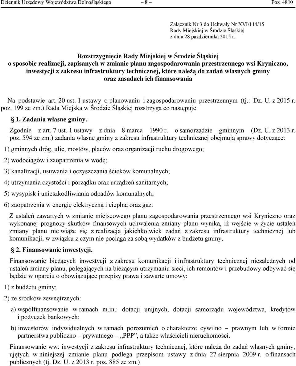 które należą do zadań własnych gminy oraz zasadach ich finansowania Na podstawie art. 20 ust. 1 ustawy o planowaniu i zagospodarowaniu przestrzennym (tj.: Dz. U. z 2015 r. poz. 199 ze zm.