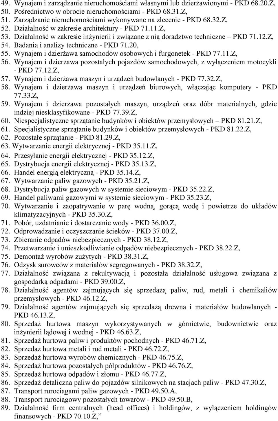 Działalność w zakresie inżynierii i związane z nią doradztwo techniczne PKD 71.12.Z, 54. Badania i analizy techniczne - PKD 71.20, 55. Wynajem i dzierżawa samochodów osobowych i furgonetek - PKD 77.