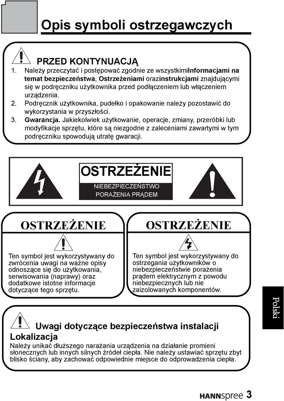 urządzenia. 2. Podręcznik użytkownika, pudełko i opakowanie należy pozostawić do wykorzystania w przyszłości. 3. Gwarancja.