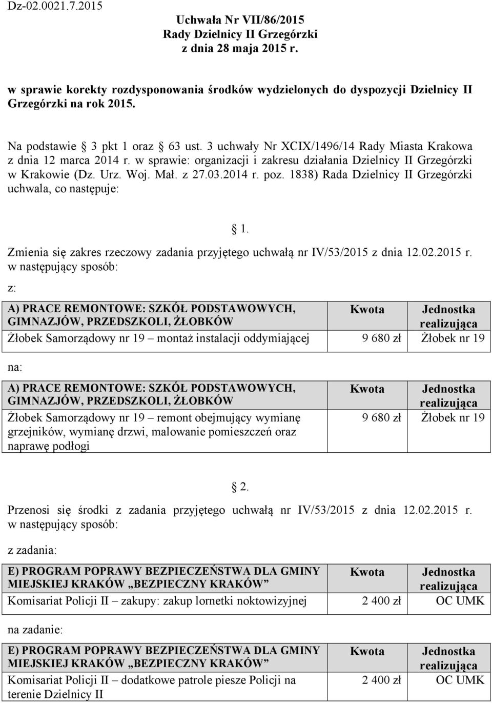 1838) Rada Dzielnicy II Grzegórzki uchwala, co następuje: Zmienia się zakres rzeczowy zadania przyjętego uchwałą nr IV/53/2015 z dnia 12.02.2015 r.