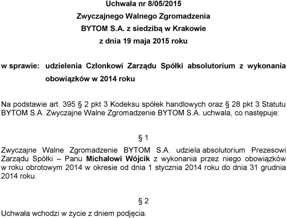 395 pkt 3 Kodeksu spółek handlowych oraz 8 pkt 3 Statutu Zwyczajne Walne Zgromadzenie BYTOM S.A.