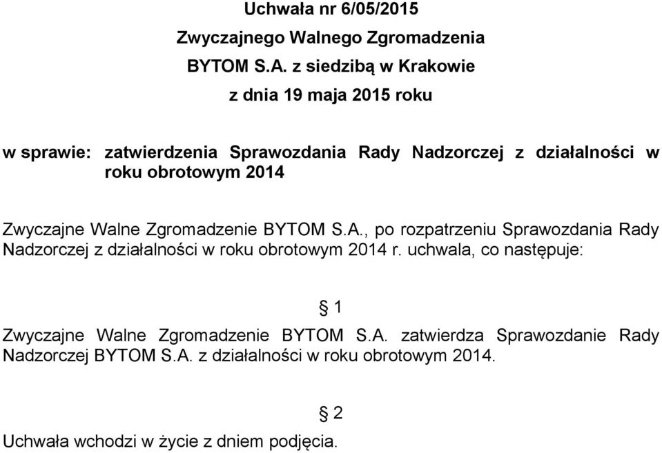 , po rozpatrzeniu Sprawozdania Rady Nadzorczej z działalności w roku obrotowym 2014 r.