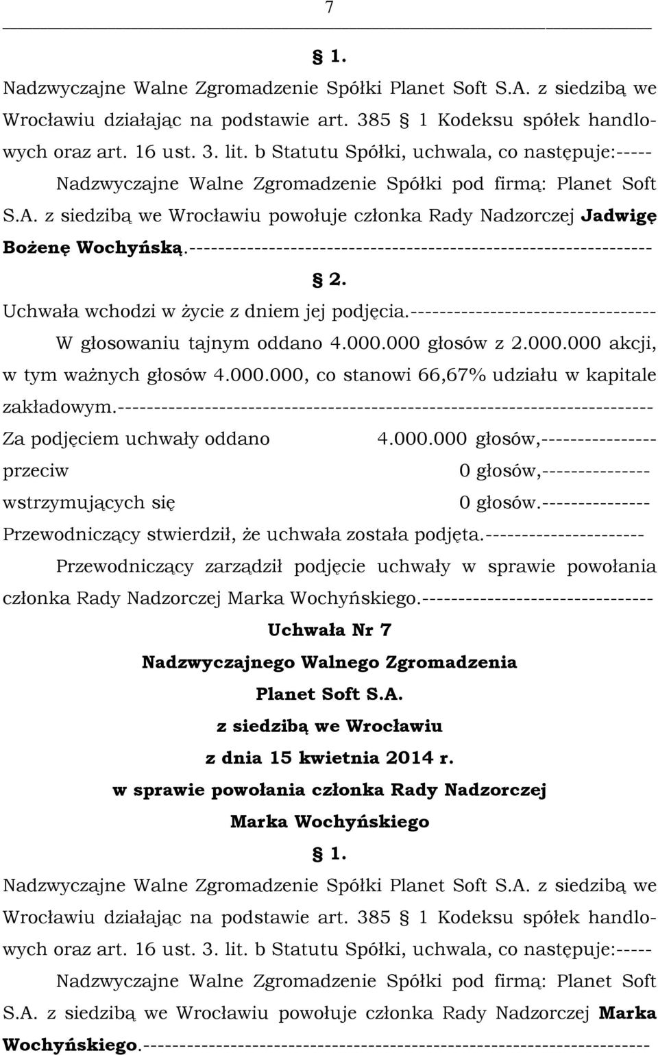 ---------------------------------------------------------------- W głosowaniu tajnym oddano 4.000.000 głosów z 2.000.000 akcji, Przewodniczący stwierdził, że uchwała została podjęta.