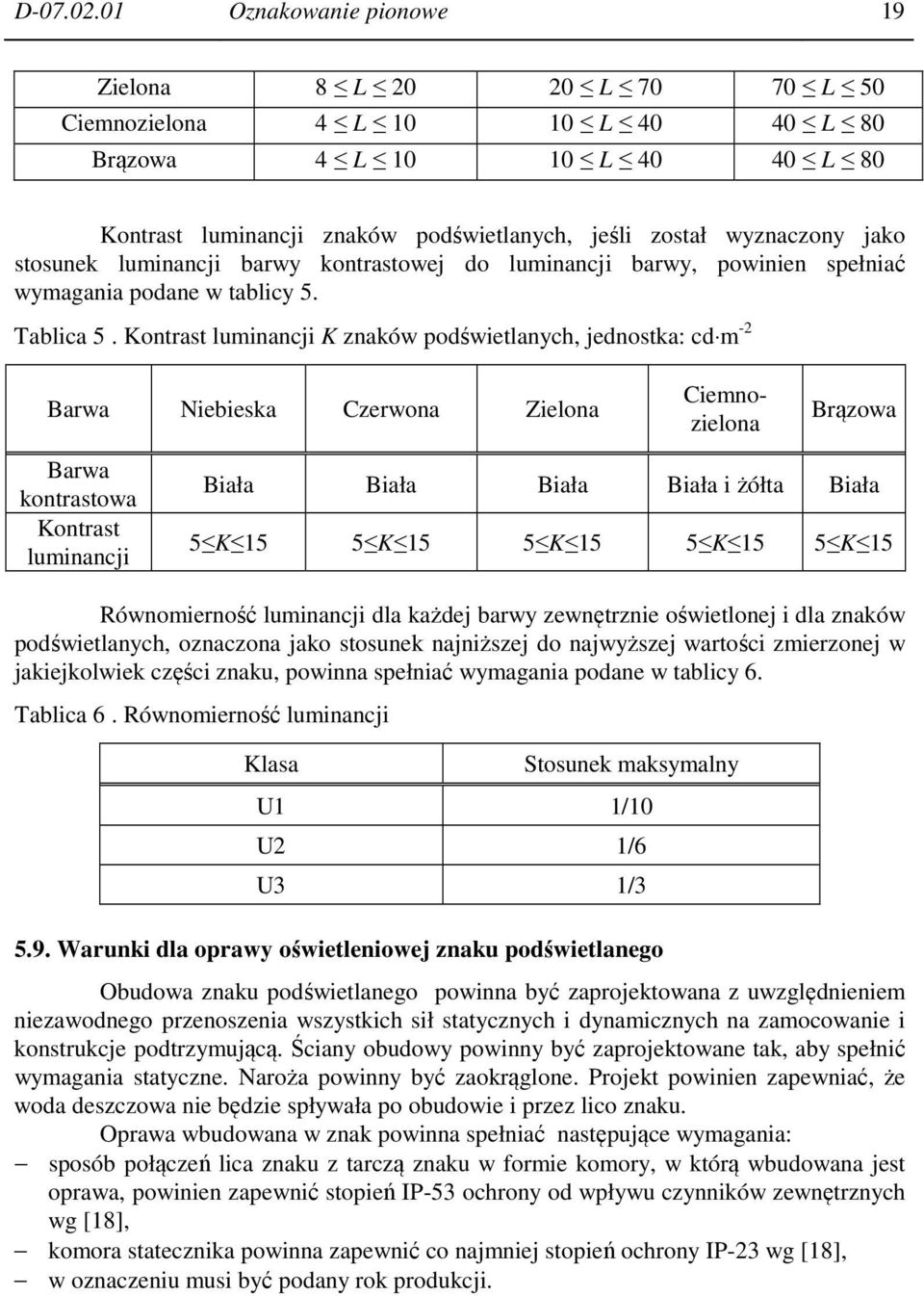 stosunek luminancji barwy kontrastowej do luminancji barwy, powinien spełniać wymagania podane w tablicy 5. Tablica 5.