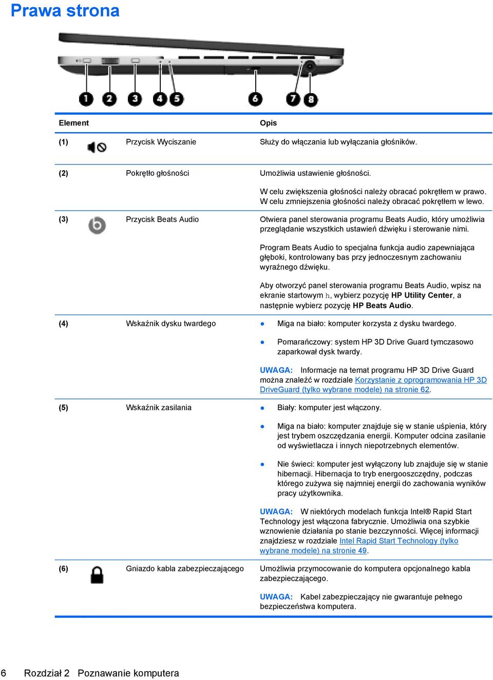 (3) Przycisk Beats Audio Otwiera panel sterowania programu Beats Audio, który umożliwia przeglądanie wszystkich ustawień dźwięku i sterowanie nimi.