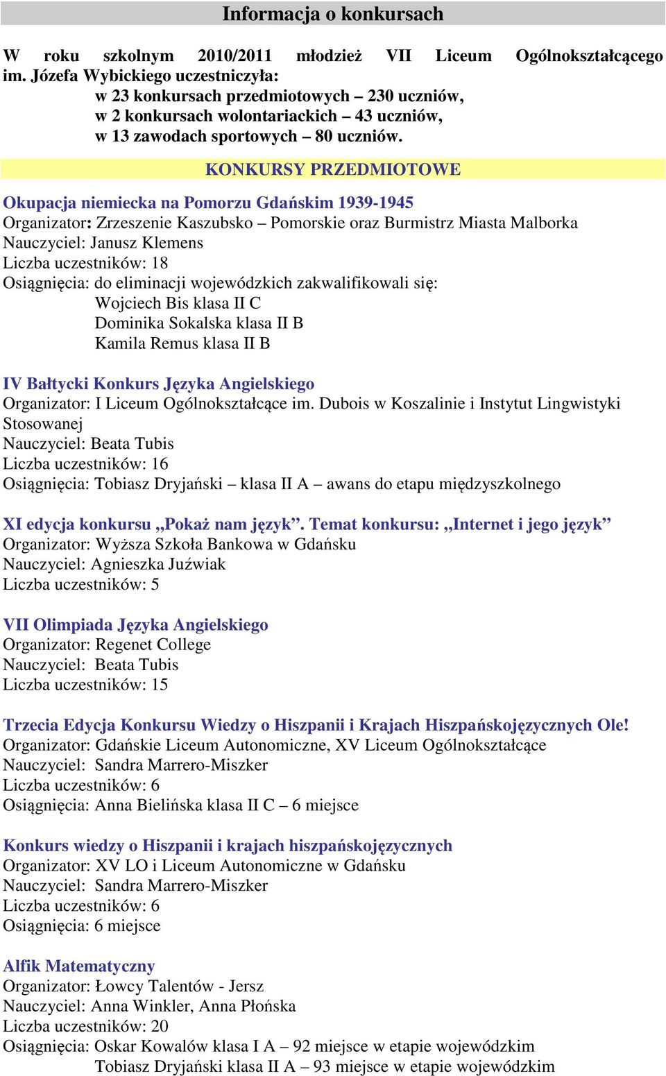 KONKURSY PRZEDMIOTOWE Okupacja niemiecka na Pomorzu Gdańskim 1939-1945 Organizator: Zrzeszenie Kaszubsko Pomorskie oraz Burmistrz Miasta Malborka Nauczyciel: Janusz Klemens 8 Osiągnięcia: do