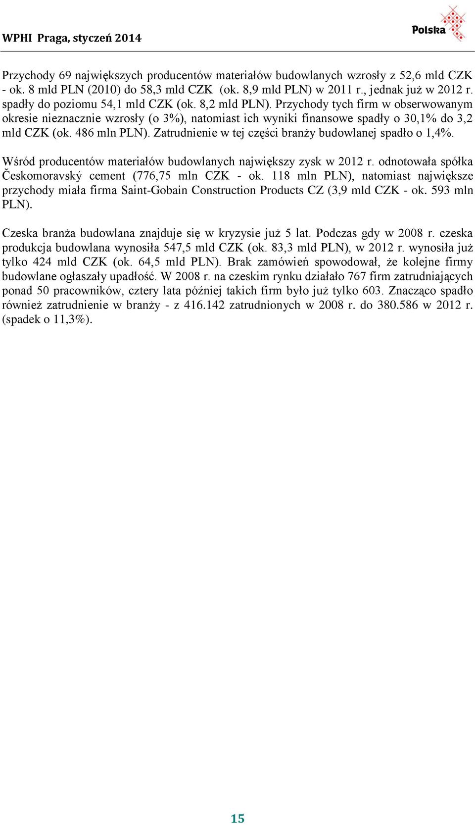 Zatrudnienie w tej części branży budowlanej spadło o 1,4%. Wśród producentów materiałów budowlanych największy zysk w 2012 r. odnotowała spółka Českomoravský cement (776,75 mln CZK - ok.