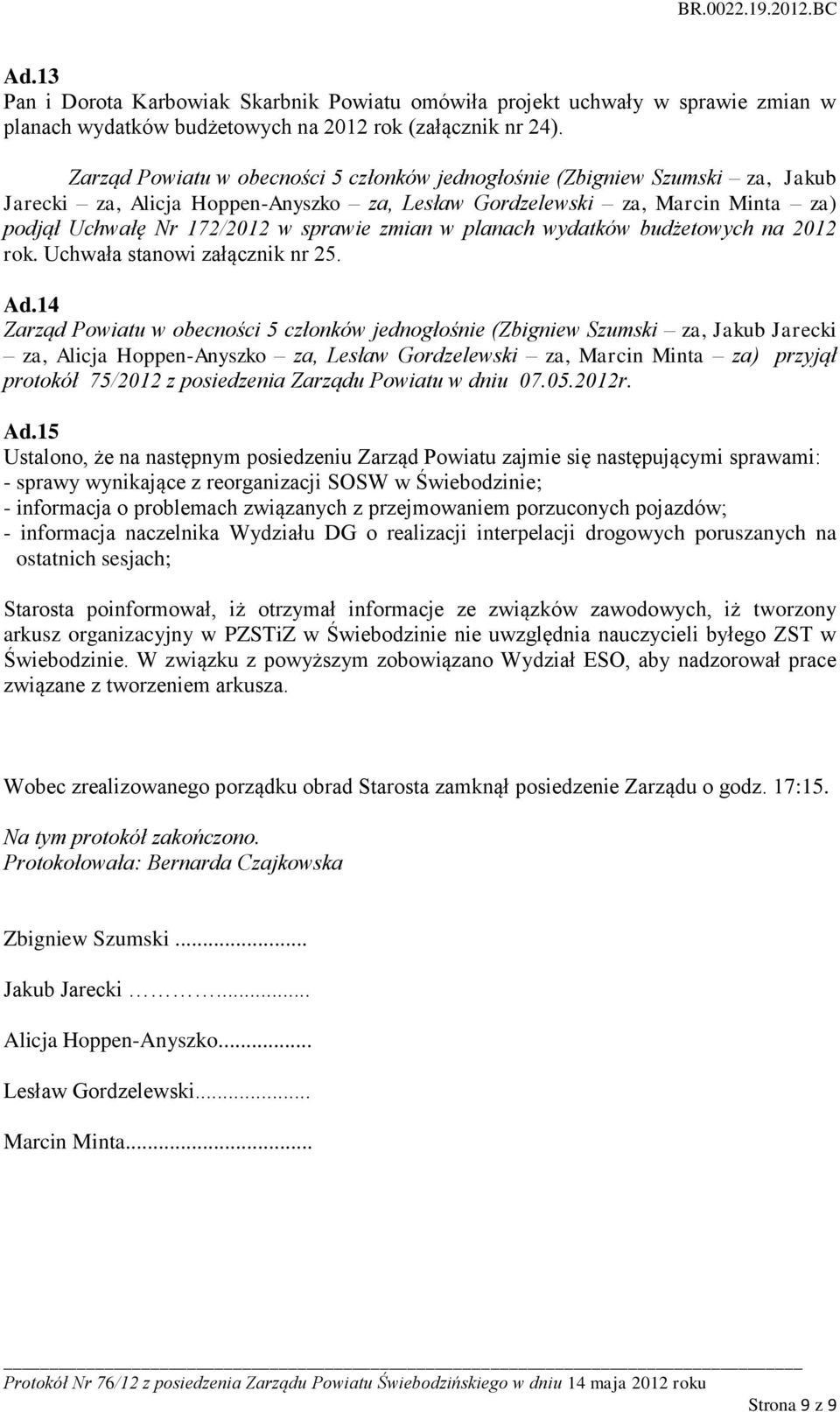 14 Jarecki za, Alicja Hoppen-Anyszko za, Lesław Gordzelewski za, Marcin Minta za) przyjął protokół 75/2012 z posiedzenia Zarządu Powiatu w dniu 07.05.2012r. Ad.