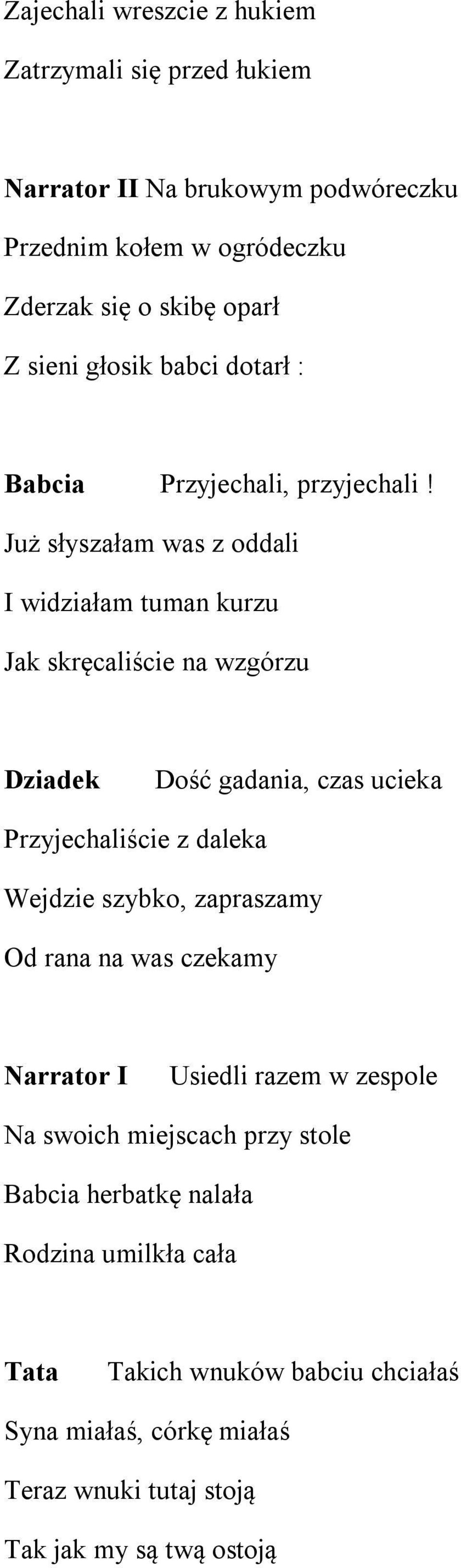 Już słyszałam was z oddali I widziałam tuman kurzu Jak skręcaliście na wzgórzu Dziadek Dość gadania, czas ucieka Przyjechaliście z daleka Wejdzie szybko,