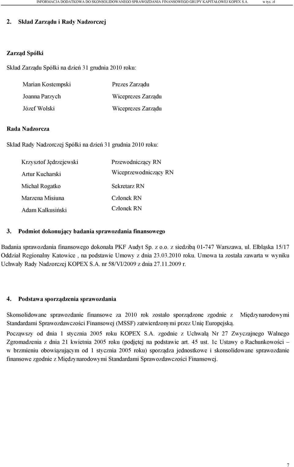 RN Sekretarz RN Członek RN Członek RN 3. Podmiot dokonujący badania sprawozdania finansowego Badania sprawozdania finansowego dokonała PKF Audyt Sp. z o.o. z siedzibą 01-747 Warszawa, ul.