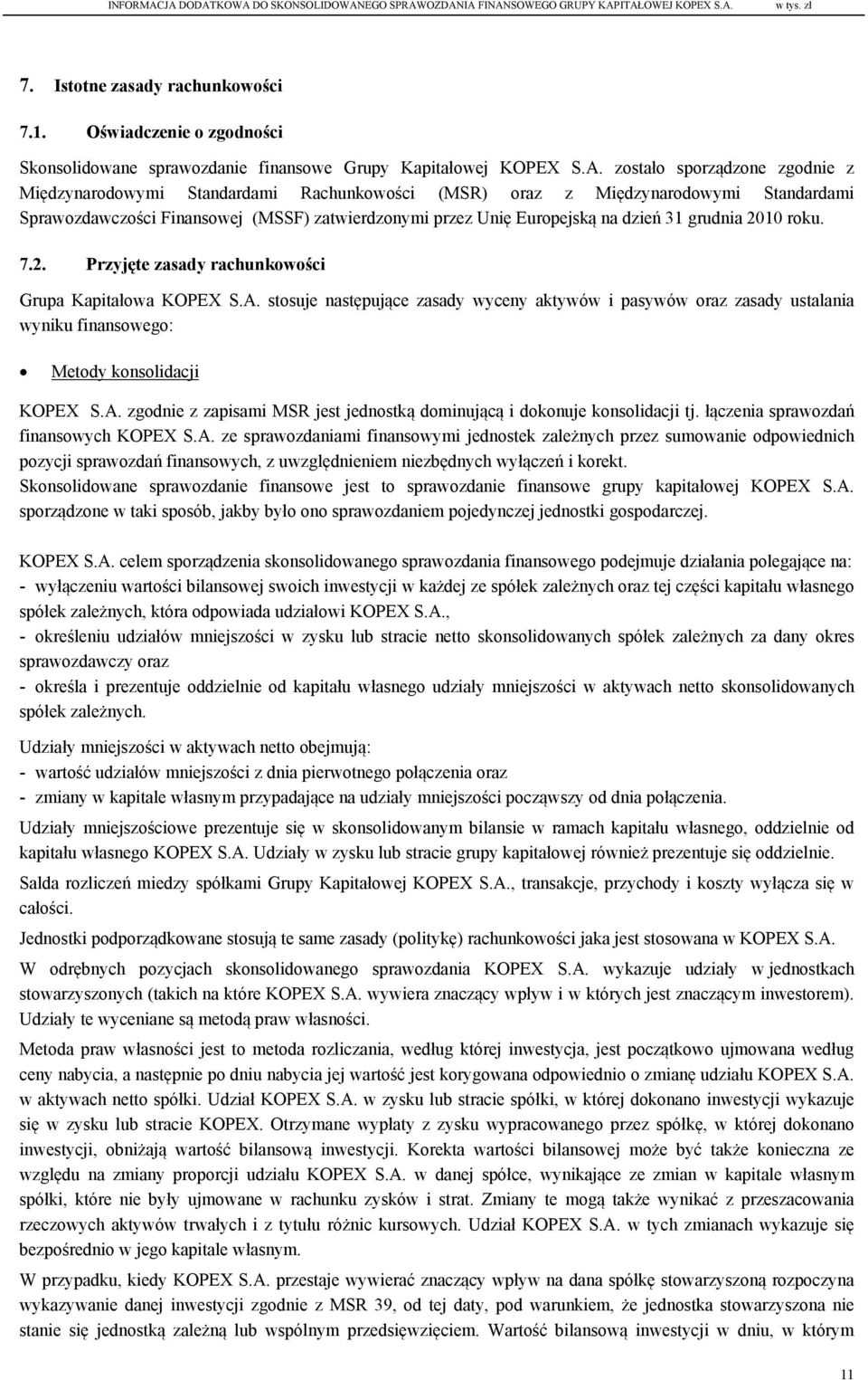 grudnia 2010 roku. 7.2. Przyjęte zasady rachunkowości Grupa Kapitałowa KOPEX S.A.