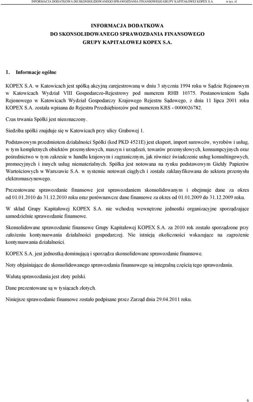 została wpisana do Rejestru Przedsiębiorców pod numerem KRS - 0000026782. Czas trwania Spółki jest nieoznaczony. Siedziba spółki znajduje się w Katowicach przy ulicy Grabowej 1.