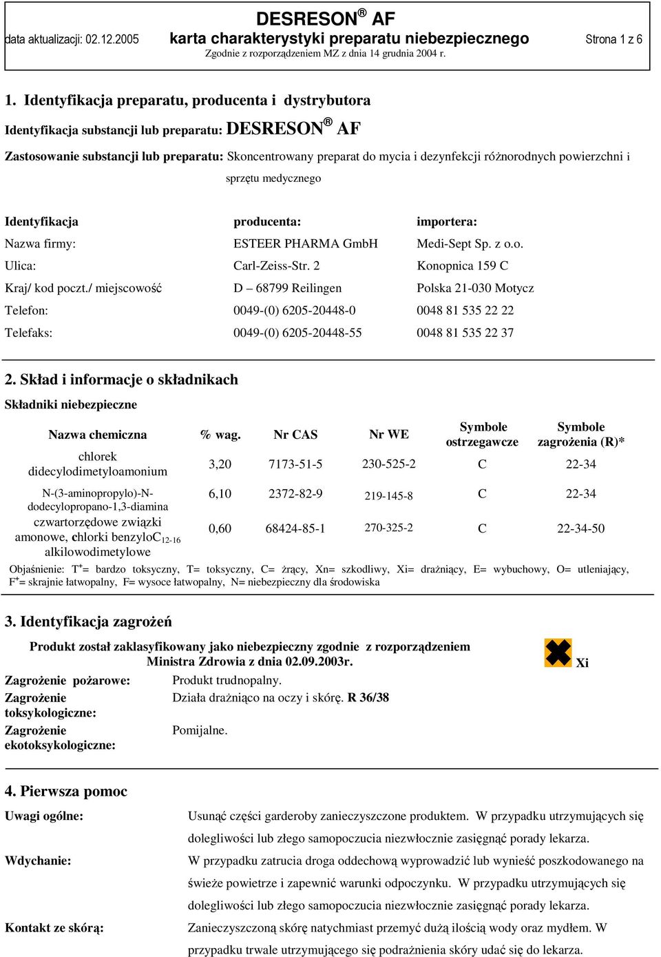 różnorodnych powierzchni i sprzętu medycznego Identyfikacja producenta: importera: Nazwa firmy: ESTEER PHARMA GmbH Medi-Sept Sp. z o.o. Ulica: Carl-Zeiss-Str. 2 Konopnica 159 C Kraj/ kod poczt.