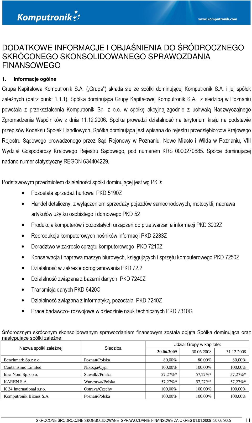 12.2006. Spółka prowadzi działalność na terytorium kraju na podstawie przepisów Kodeksu Spółek Handlowych.