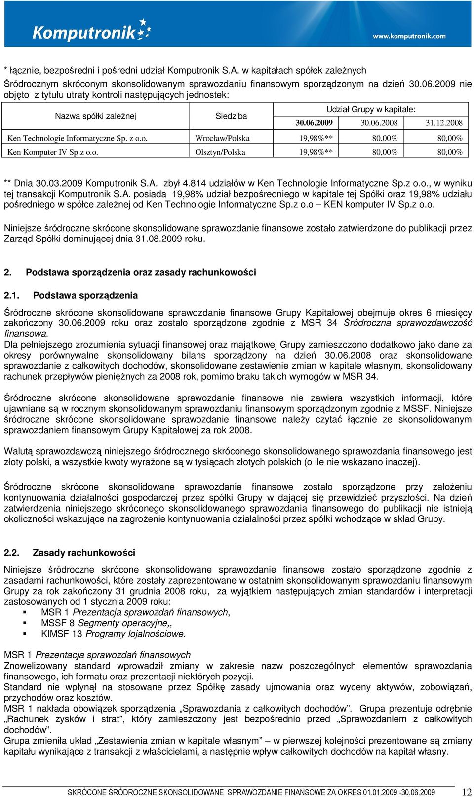 Siedziba Udział Grupy w kapitale: Ken Technologie Informatyczne Sp. z o.o. Wrocław/Polska 19,98%** 80,00% 80,00% Ken Komputer IV Sp.z o.o. Olsztyn/Polska 19,98%** 80,00% 80,00% ** Dnia 30.03.