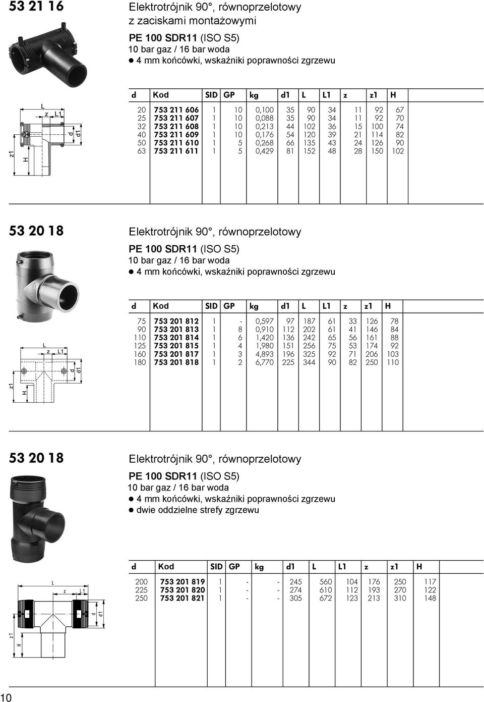 135 43 24 126 90 63 753 211 611 1 5 0,429 81 152 48 28 150 102 53 20 18 Elektrotrójnik 90, równoprzelotowy PE 100 SDR11 (ISO S5) 10 bar gaz / 16 bar woa ë4 mm końcówki, wskaźniki poprawności zgrzewu