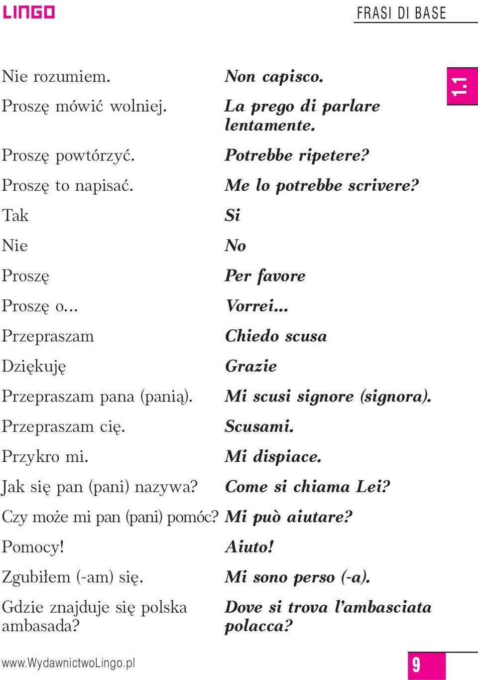 Si No Per favore Vorrei Chiedo scusa Grazie Mi scusi signore (signora). Scusami. Mi dispiace. Come si chiama Lei? Czy mo e mi pan (pani) pomóc?