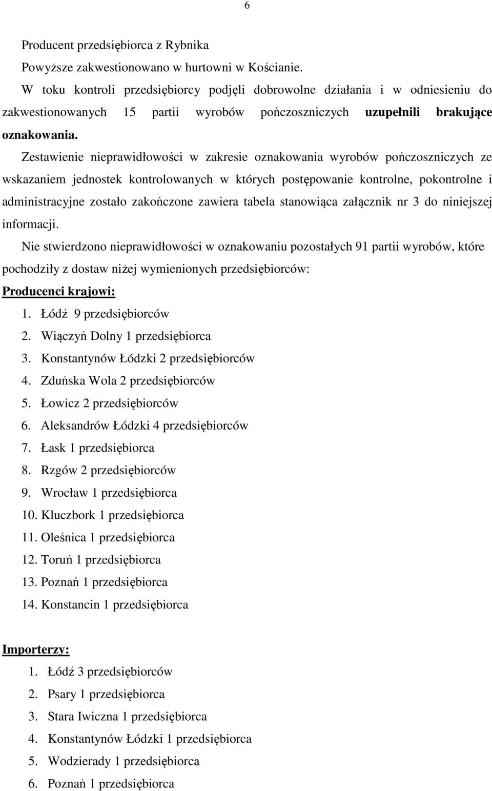 Zestawienie nieprawidłowości w zakresie oznakowania wyrobów pończoszniczych ze wskazaniem jednostek kontrolowanych w których postępowanie kontrolne, pokontrolne i administracyjne zostało zakończone