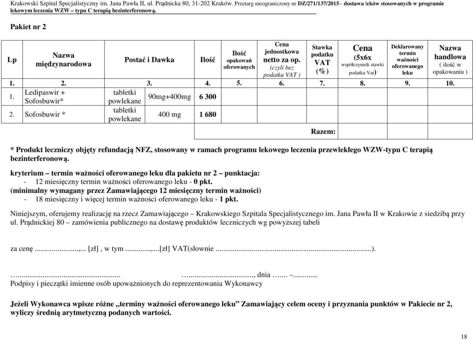 (5x6x ważności międzynarodowa VAT współczynnik stawki oferowanych (czyli bez oferowanego podatku VAT ) (%) podatku Vat) leku 1. 2. 3. 4. 5. 6. 7. 8. 9. 10. 1. Ledipaswir + Sofosbuwir* 2.