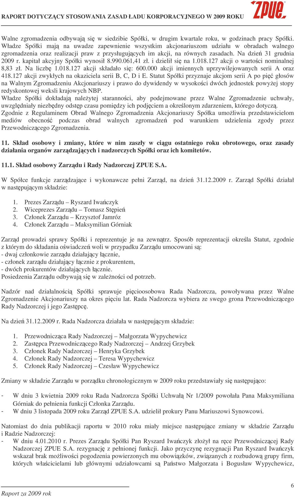 kapitał akcyjny Spółki wynosił 8.990.061,41 zł. i dzielił si na 1.018.127 akcji o wartoci nominalnej 8,83 zł. Na liczb 1.018.127 akcji składało si: 600.