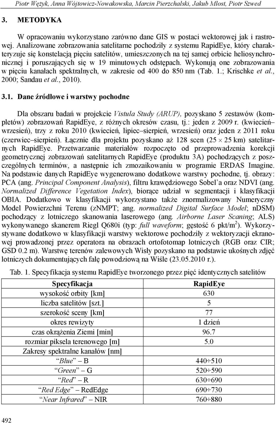 19 minutowych odstępach. Wykonują one zobrazowania w pięciu kanałach spektralnych, w zakresie od 400 do 850 nm (Tab. 1.; Krischke et al., 2000; Sandau et al., 2010). 3.1. Dane źródłowe i warstwy pochodne Dla obszaru badań w projekcie Vistula Study (ARUP), pozyskano 5 zestawów (kompletów) zobrazowań RapidEye, z różnych okresów czasu, tj.