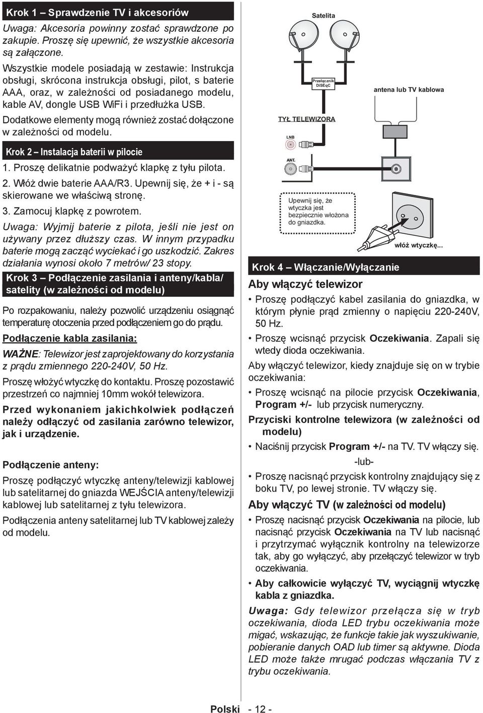 Dodatkowe elementy mogą również zostać dołączone w zależności od modelu. Krok 2 Instalacja baterii w pilocie 1. Proszę delikatnie podważyć klapkę z tyłu pilota. 2. Włóż dwie baterie AAA/R3.