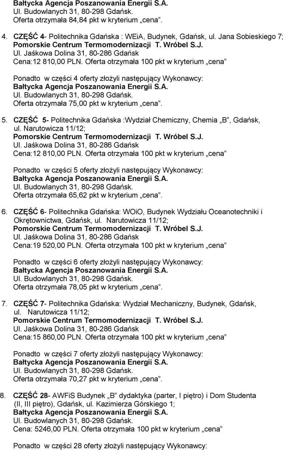 CZĘŚĆ 5- Politechnika Gdańska :Wydział Chemiczny, Chemia B, Gdańsk, Ponadto w części 5 oferty złożyli następujący Wykonawcy: Oferta otrzymała 65