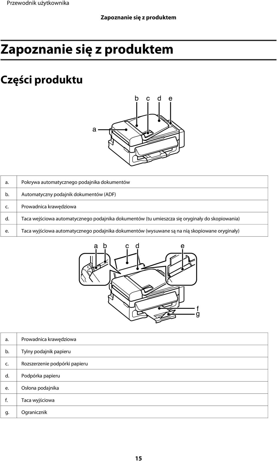 Taca wejściowa automatycznego podajnika dokumentów (tu umieszcza się oryginały do skopiowania) e.