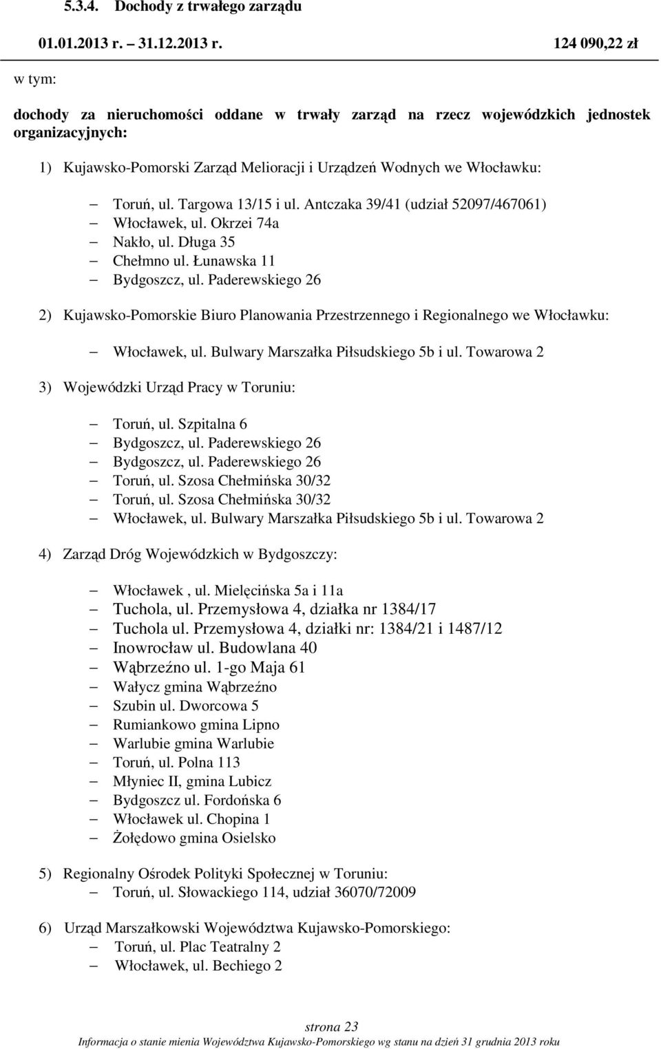 124 090,22 zł dochody za nieruchomości oddane w trwały zarząd na rzecz wojewódzkich jednostek organizacyjnych: 1) Kujawsko-Pomorski Zarząd Melioracji i Urządzeń Wodnych we Włocławku: Toruń, ul.