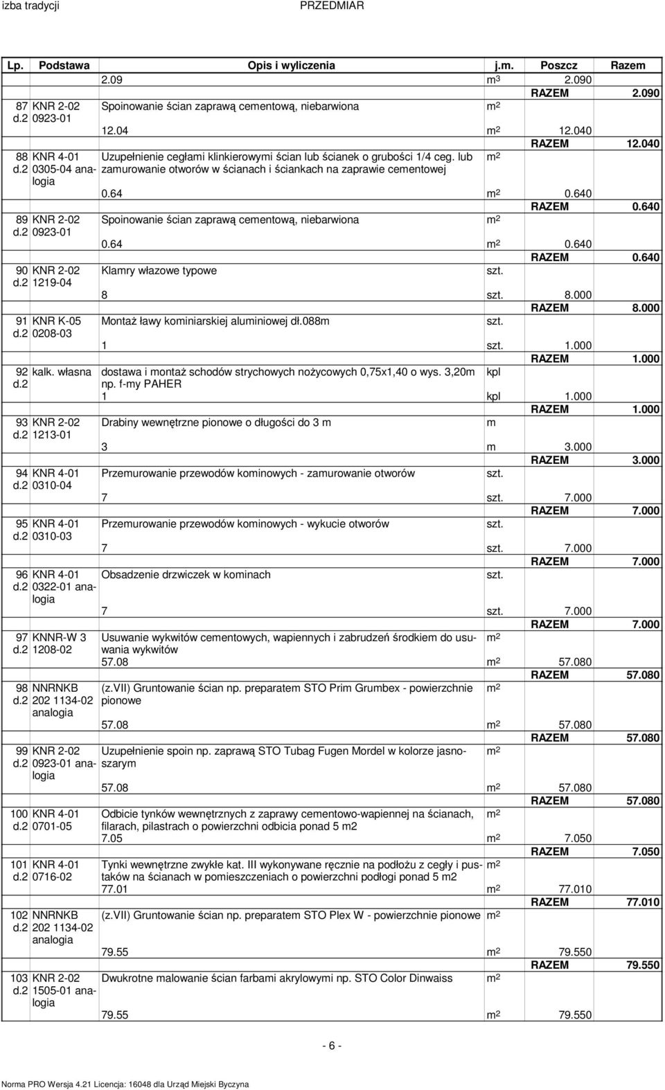 2 0923-01 90 KNR 2-02 d.2 1219-04 91 KNR K-05 d.2 0208-03 Spoinowanie ścian zaprawą ceentową, niebarwiona RAZEM 12.040 RAZEM 0.640 0.64 0.640 RAZEM 0.640 Klary włazowe typowe 8 8.000 RAZEM 8.