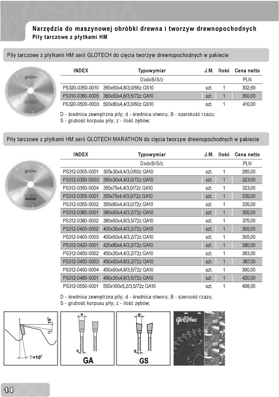 1 410,00 D - średnica zewnętrzna piły; d - średnica otworu; B - szerokość rzazu; S - grubość korpusu piły; z - ilość zębów; Piły tarczowe z płytkami HM serii GLOTECH MARATHON do cięcia tworzyw