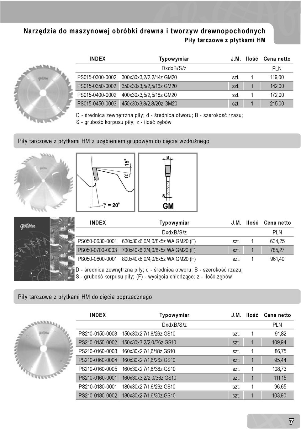 1 215,00 D - średnica zewnętrzna piły; d - średnica otworu; B - szerokość rzazu; S - grubość korpusu piły; z - ilość zębów Piły tarczowe z płytkami HM z uzębieniem grupowym do cięcia wzdłużnego