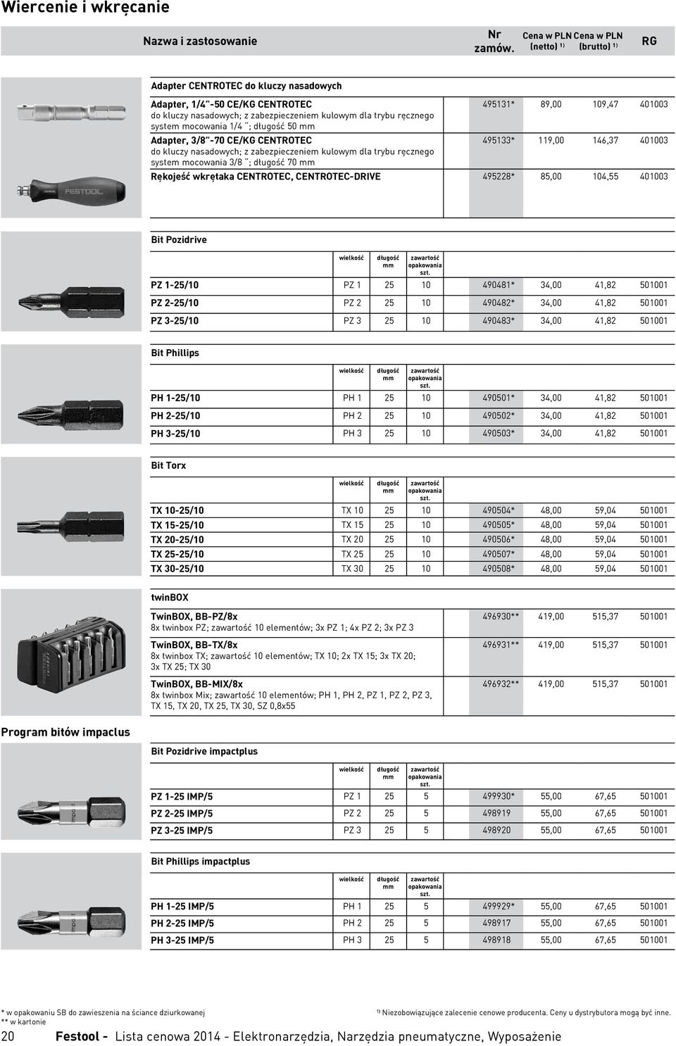 wkrętaka CENTROTEC, CENTROTEC-DRIVE 495228* 85,00 104,55 401003 Bit Pozidrive wielkość długość zawartość opakowania szt.