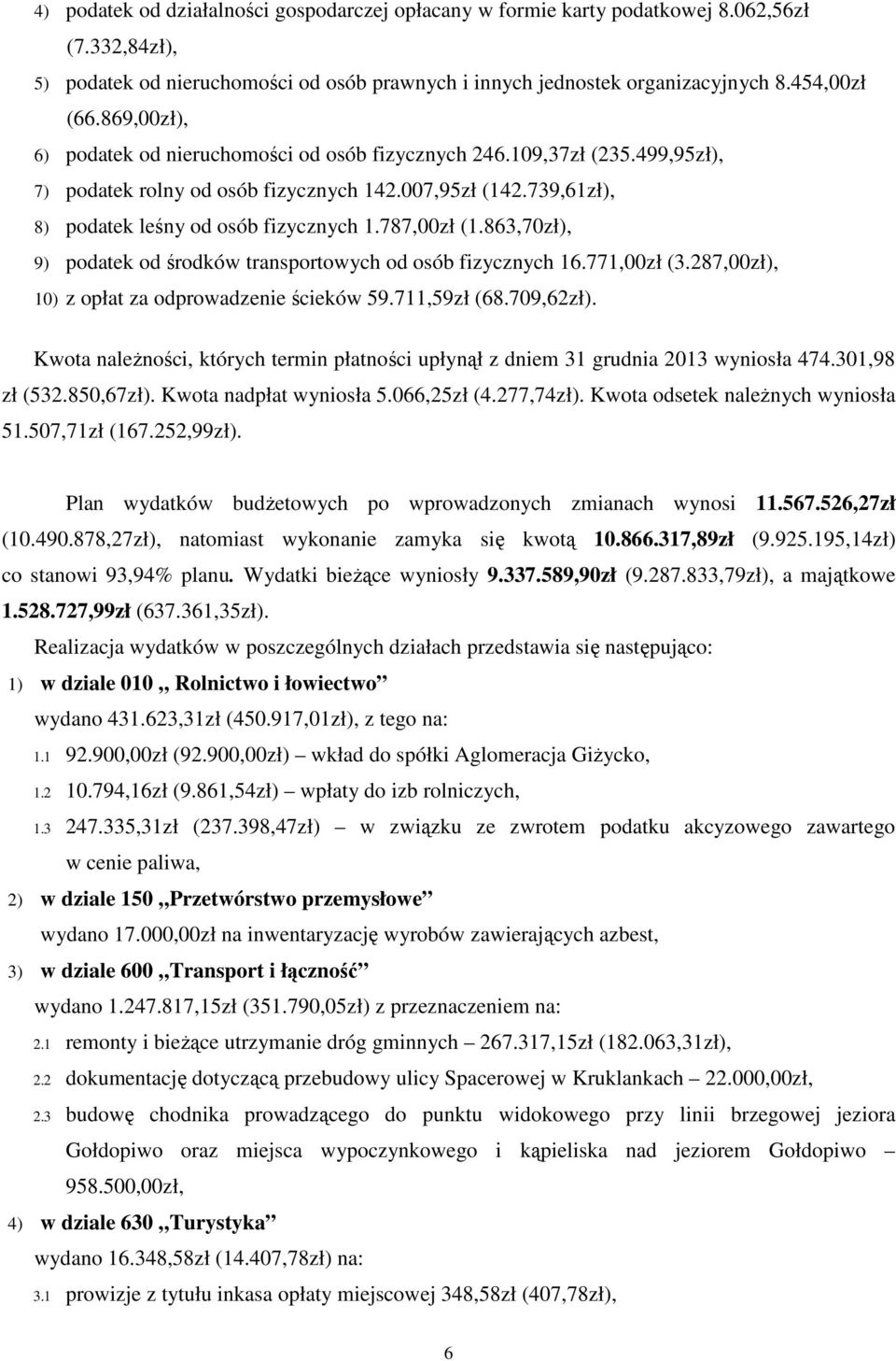 787,00zł (1.863,70zł), 9) podatek od środków transportowych od osób fizycznych 16.771,00zł (3.287,00zł), 10) z opłat za odprowadzenie ścieków 59.711,59zł (68.709,62zł).