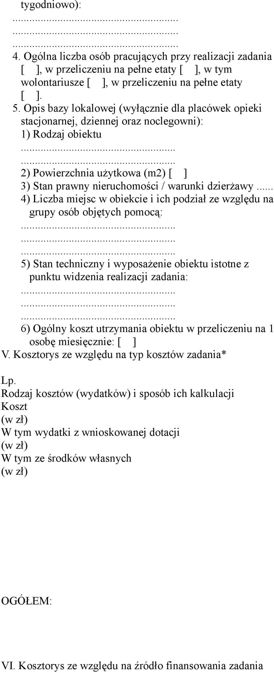 .. 4) Liczba miejsc w obiekcie i ich podział ze względu na grupy osób objętych pomocą: 5) Stan techniczny i wyposażenie obiektu istotne z punktu widzenia realizacji zadania: 6) Ogólny koszt