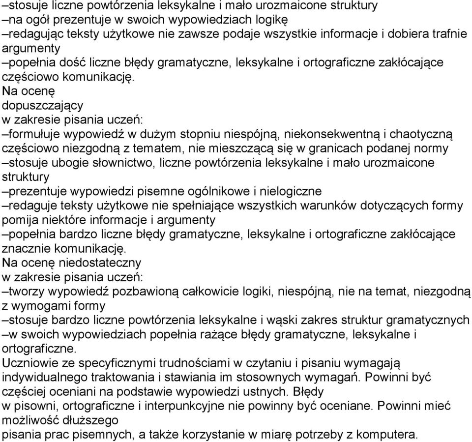 Na ocenę dopuszczający formułuje wypowiedź w dużym stopniu niespójną, niekonsekwentną i chaotyczną częściowo niezgodną z tematem, nie mieszczącą się w granicach podanej normy stosuje ubogie