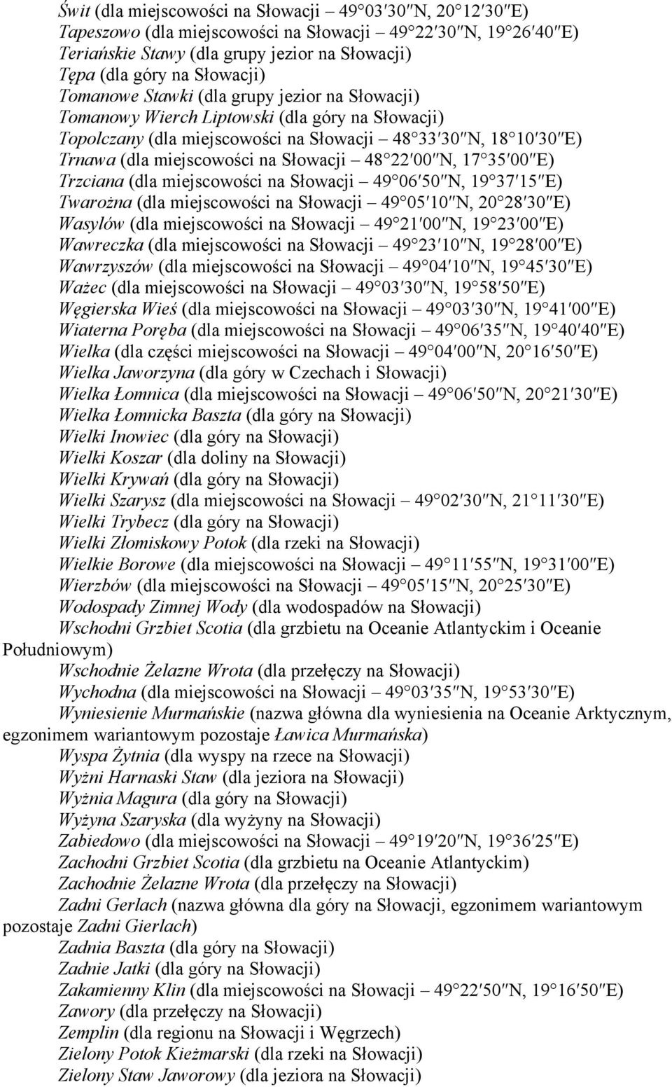 48 22 00 N, 17 35 00 E) Trzciana (dla miejscowości na Słowacji 49 06 50 N, 19 37 15 E) Twarożna (dla miejscowości na Słowacji 49 05 10 N, 20 28 30 E) Wasylów (dla miejscowości na Słowacji 49 21 00 N,