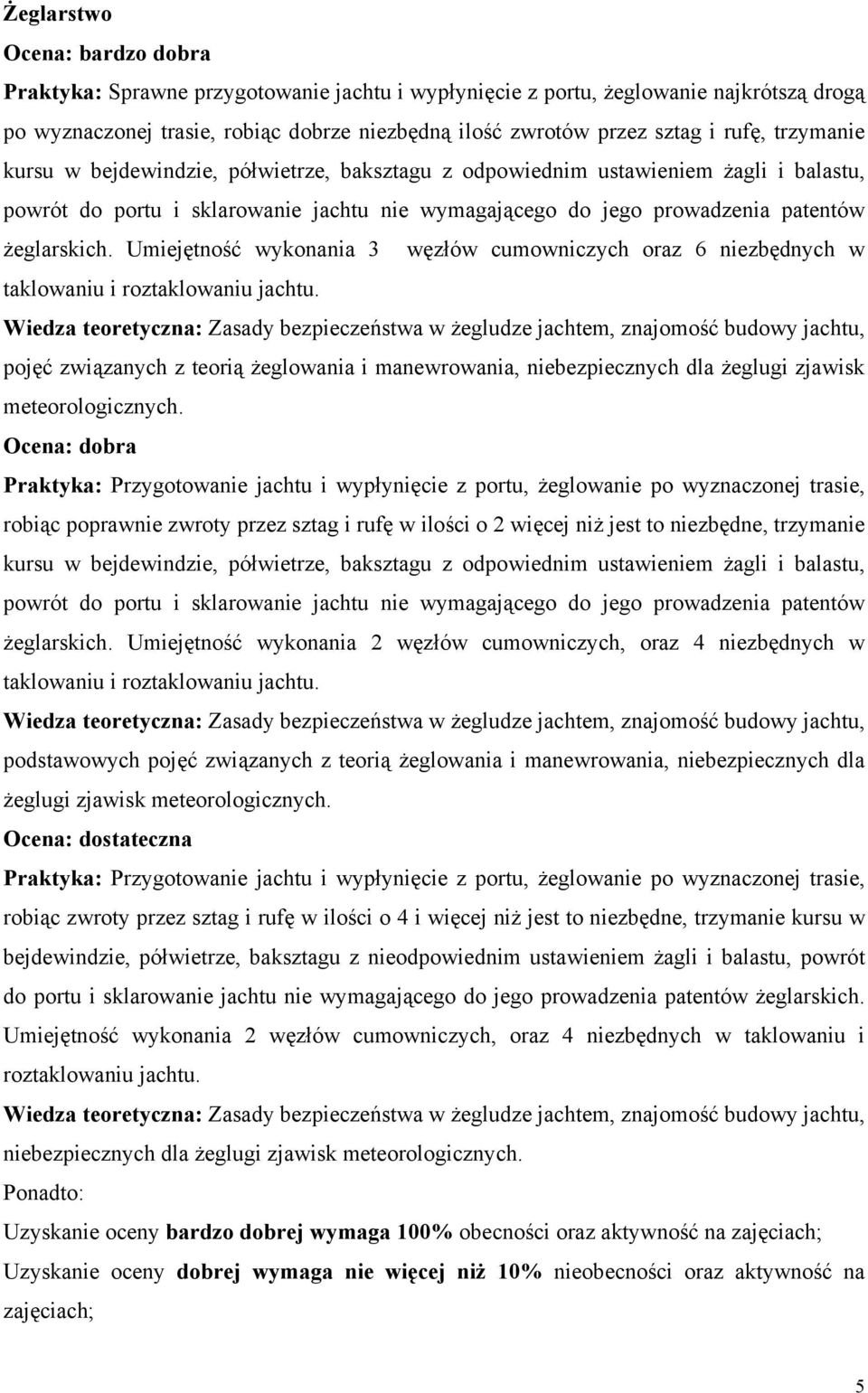 Umiejętność wykonania 3 węzłów cumowniczych oraz 6 niezbędnych w taklowaniu i roztaklowaniu jachtu.