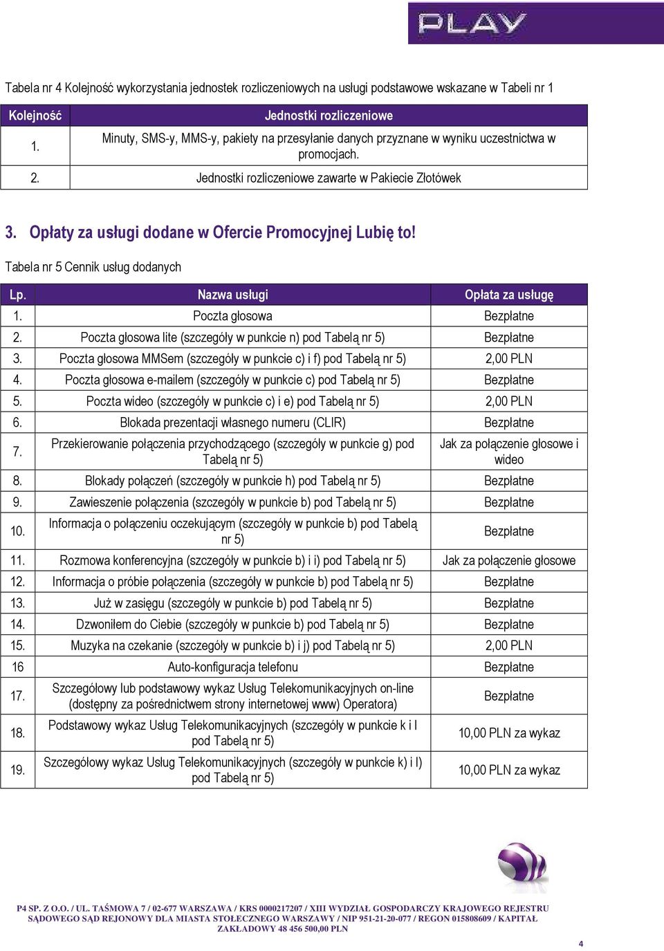Opłaty za usługi dodane w Ofercie Promocyjnej Lubię to! Tabela nr 5 Cennik usług dodanych Lp. Nazwa usługi Opłata za usługę 1. Poczta głosowa Bezpłatne 2.