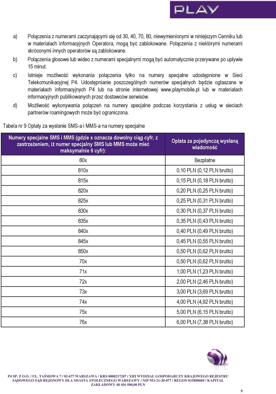 c) Istnieje moŝliwość wykonania połączenia tylko na numery specjalne udostępnione w Sieci Telekomunikacyjnej P4.