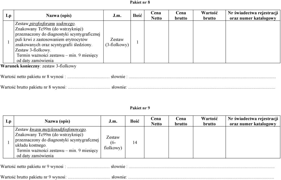 Termin ważności zestawu min. 9 miesięcy od daty zamówienia Warunek konieczny: zestaw 3-fiolkowy (3-fiolkowy) netto pakietu nr 8 wynosi :... słownie :.