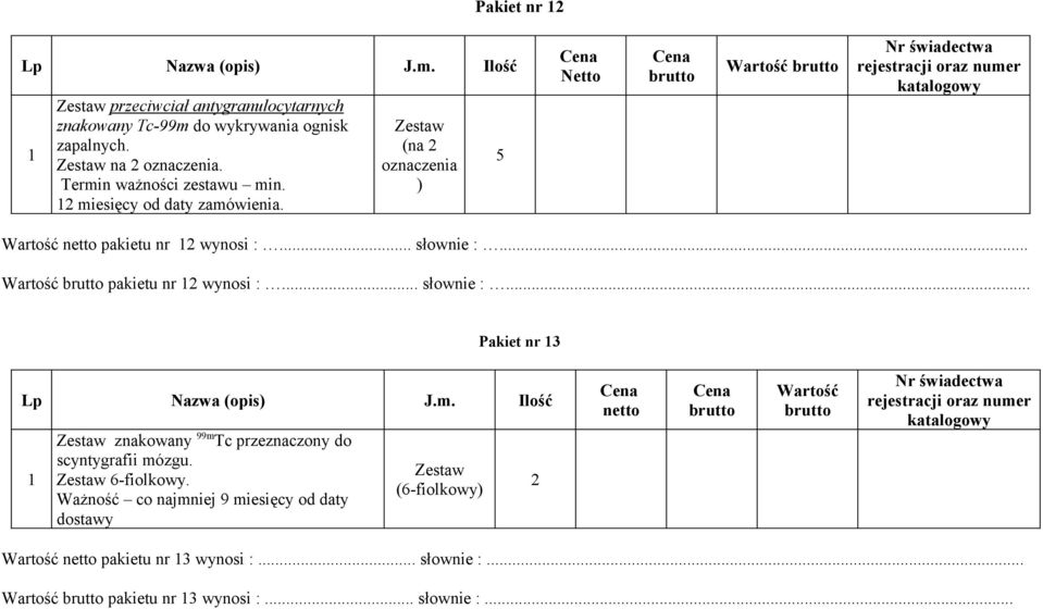 .. pakietu nr 2 wynosi :... słownie :... Pakiet nr 3 znakowany 99m Tc przeznaczony do scyntygrafii mózgu. 6-fiolkowy.