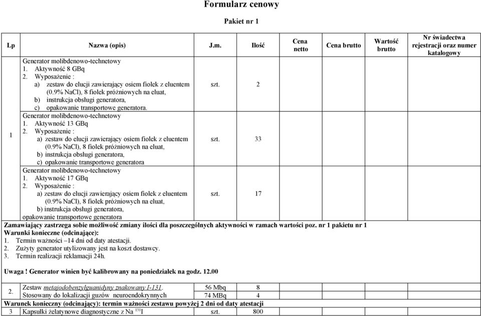 Wyposażenie : a) zestaw do elucji zawierający osiem fiolek z eluentem szt. 33 (0.