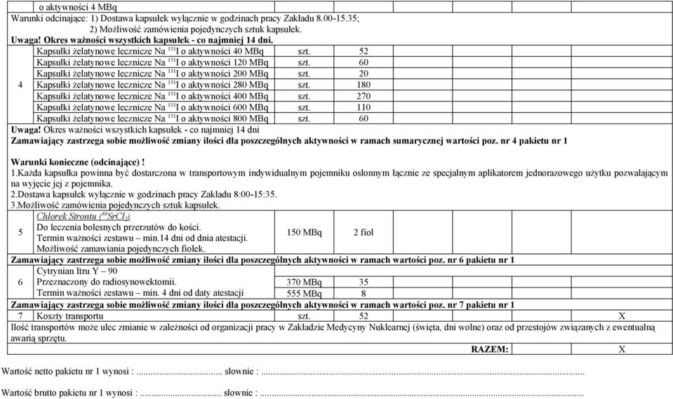 60 Kapsułki żelatynowe lecznicze Na 3 I o aktywności 200 MBq szt. 20 Kapsułki żelatynowe lecznicze Na 3 I o aktywności 280 MBq szt. 80 Kapsułki żelatynowe lecznicze Na 3 I o aktywności 400 MBq szt.