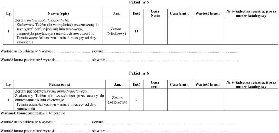 .. pakietu nr 5 wynosi:... słownie:... Pakiet nr 6 Zestaw pochodnych kwasu iminodwuoctowego. Znakowany Tc99m (do wstrzyknięć) przeznaczony do obrazowania układu żółciowego.